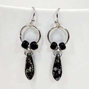 Czechoslovakian Black & Gray Glass Dagger Earrings Lightweight Minimalist
